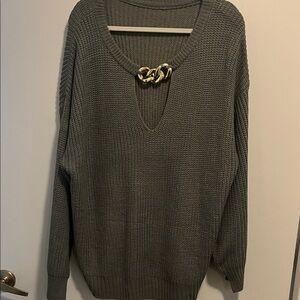 SHEIN Grey V-Neck Sweater with Gold Chain